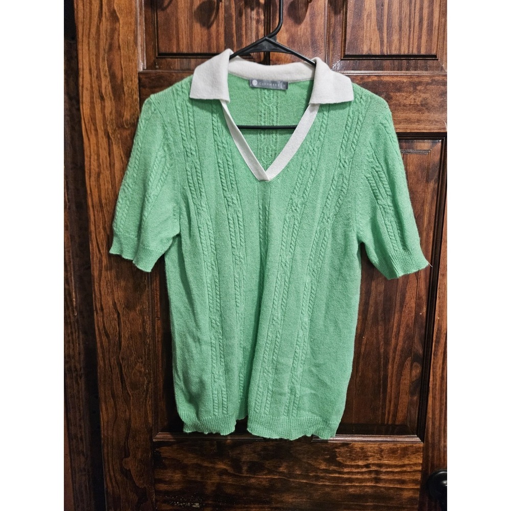 InCashmere Men 100% Cashmere Cable Knit Polo Shirt M Green 60s Mod Johnny Collar